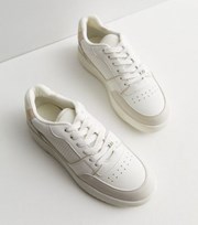 New Look White Leather-Look Perforated Colour Block Lace Up Trainers
